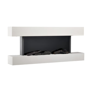 White wall-mounted electric fireplace with open firebox and black log-style inserts