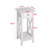 White wooden side table dimensions: 66cm H, 27cm x 27cm top, 10cm drawer