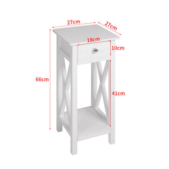 White wooden side table dimensions: 66cm H, 27cm x 27cm top, 10cm drawer