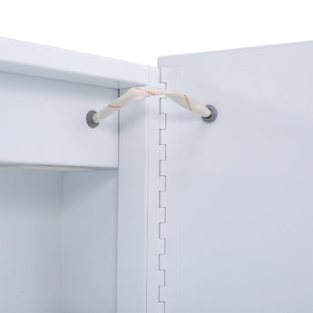 White bathroom mirror cabinet hinge and door handle detail with LED frame edge