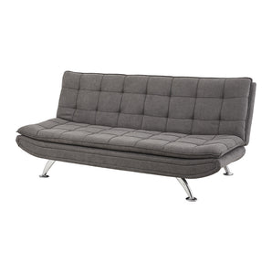 Dark grey linen sofa bed, tufted backrest and cushions, chrome legs