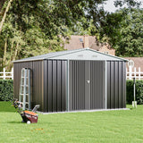 Grey metal storage shed with apex roof and double doors closed