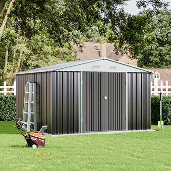 Grey metal storage shed with apex roof and double doors closed