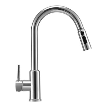 Chrome stainless steel kitchen faucet, single handle with curved gooseneck spout
