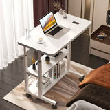 White overbed table with two shelves and caster wheels, laptop on top