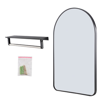 Arched bathroom mirror with aluminum frame, wall-mount bar, and included hardware bag