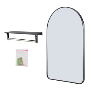Arched bathroom mirror with aluminum frame, wall-mount bar, and included hardware bag