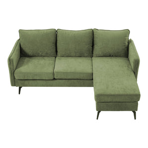 Green L-shaped corner sofa with chaise, three back cushions, isolated on white background.