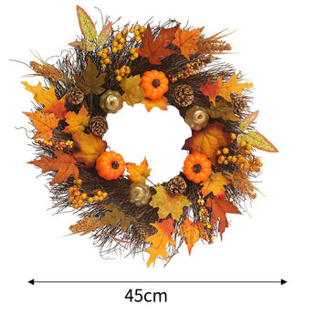 Halloween wreath, orange pumpkins and oak leaves with pinecones; 45 cm diameter