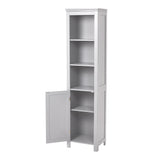 White freestanding cabinet with hinged blind door open to reveal interior shelves