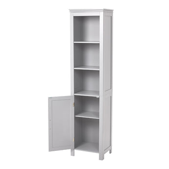 White freestanding cabinet with hinged blind door open to reveal interior shelves