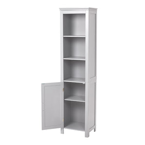 White freestanding cabinet with hinged blind door open to reveal interior shelves