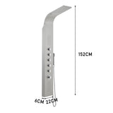 152cm shower tower panel in silver with rain head, hand shower, and control knobs