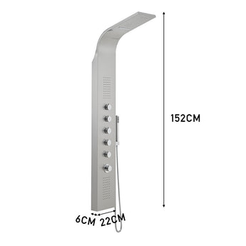 152cm shower tower panel in silver with rain head, hand shower, and control knobs