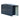 Metal garden storage shed side view with ribbed panels and apex roof vents, dark blue