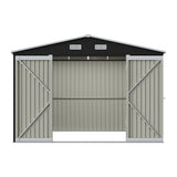 Metal storage shed front view with open double doors and roof vents