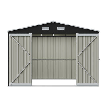 Metal storage shed front view with open double doors and roof vents