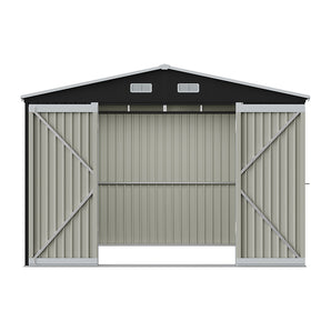 Metal storage shed front view with open double doors and roof vents