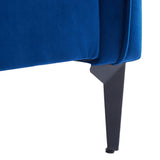 Blue upholstered armchair sofa leg detail with dark angled support