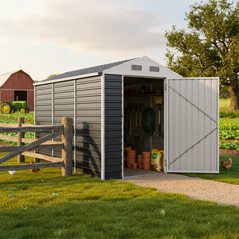 Metal tool shed with open double door, dark gray walls and white door frame