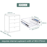 Dimensions for wire basket pull-out: 400mm width, 363–370mm depth