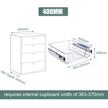 Dimensions for wire basket pull-out: 400mm width, 363–370mm depth