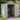 Light gray plastic storage shed with open door showing shelves and stored garden tools