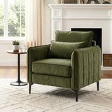 Green upholstered armchair with squared seat, armrests, and lumbar cushion