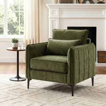 Green upholstered armchair with squared seat, armrests, and lumbar cushion