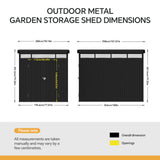 Outdoor metal storage shed dimensions diagram showing overall size and openings measurements
