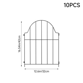 Metal garden fence panel with arched top and vertical bars, compact size design