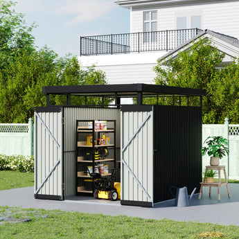 Metal storage shed with flat roof; double doors open, black panels and shelving inside