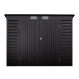 Black outdoor storage shed front view with double doors and roof ventilation