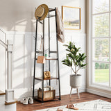 Industrial clothing rack, black metal frame with 4 dark-brown shelves and coat hooks