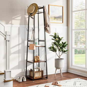 Industrial clothing rack, black metal frame with 4 dark-brown shelves and coat hooks