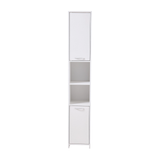 White tall bathroom storage cabinet with open shelves and lower cupboard door
