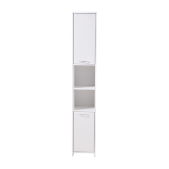 White tall bathroom storage cabinet with open shelves and lower cupboard door
