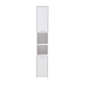 White tall bathroom storage cabinet with open shelves and lower cupboard door