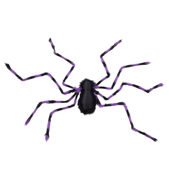 Giant Halloween spider decoration with black body and purple-striped legs, isolated on white