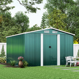 Dark green metal garden storage shed with front door panel and two roof vents