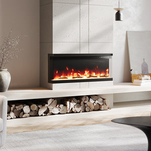 Three-sided electric fireplace with black frame and realistic flame display