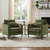 Pair of green upholstered armchairs with armrests and lumbar cushion