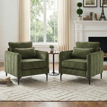 Pair of green upholstered armchairs with armrests and lumbar cushion