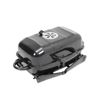 Lidded mini charcoal grill in dark gray, hinged lid handle and side supports
