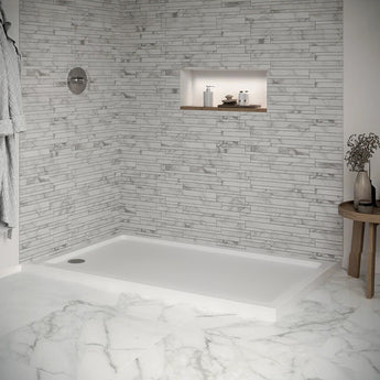 White rectangular shower tray with centered drain hole, low-profile 40mm