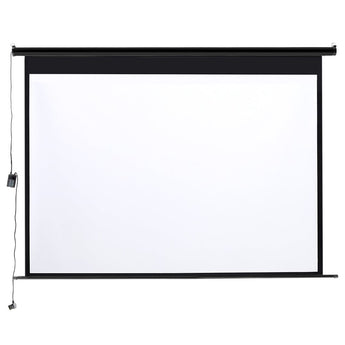 Black-framed electric projector screen with fully extended white projection surface
