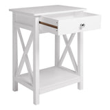 White wooden bedside table nightstand with one drawer and open storage shelf.