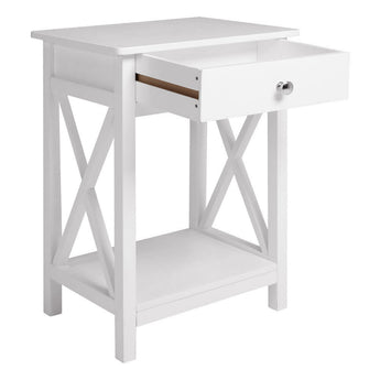 White wooden bedside table nightstand with one drawer and open storage shelf.