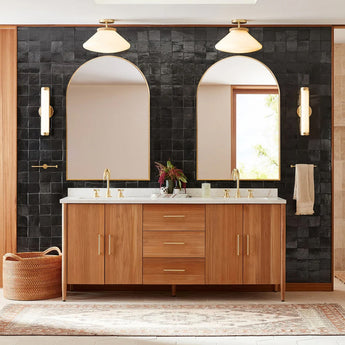 Arch-shaped wall mirror with gold metal frame, large arched reflective panel