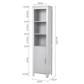 White tall bathroom cabinet with blind door and four open shelves